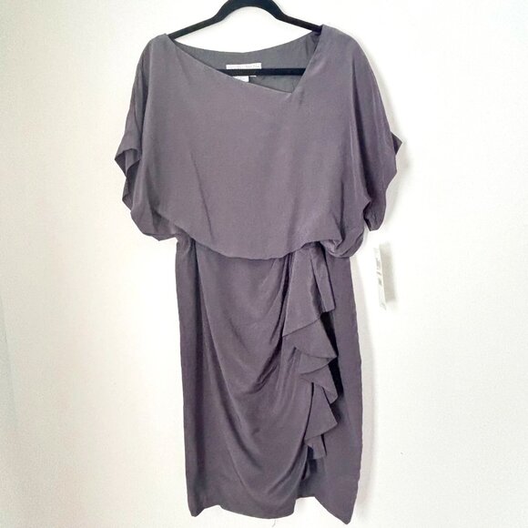 Maggy London 100% Silk Neutral Gray Ruffle Evening Party Dress Size 12 NEW-k10